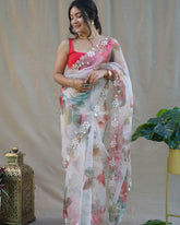 Exclusive Digital Print With Handwork On white Saree